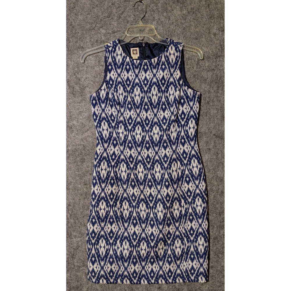Anne Klein Sheath Dress Women Size 8 Blue White Ikat Geometric Sleeveless